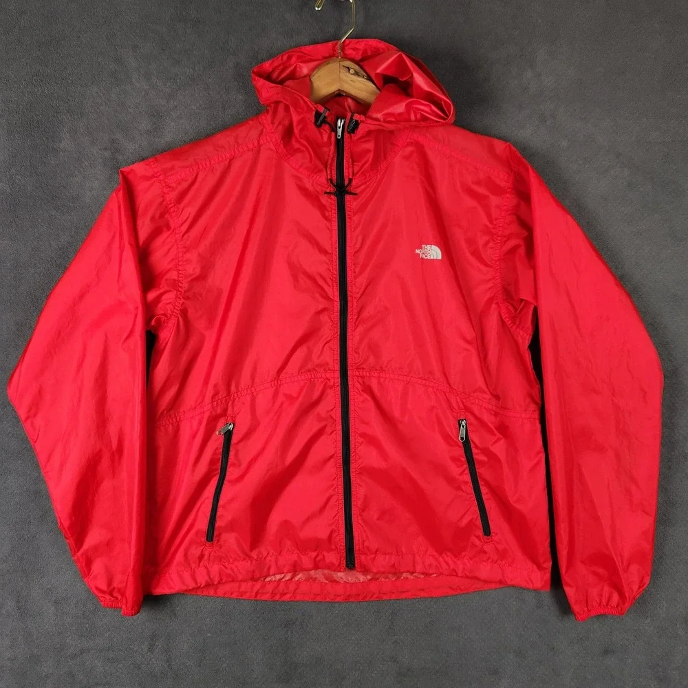 The North Face Rain Jacket‎ Mens Medium Red Full Zip Hooded Windbreaker Packable